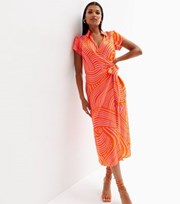 New Look Orange Wavy Collared Short Sleeve Midi Wrap Dress